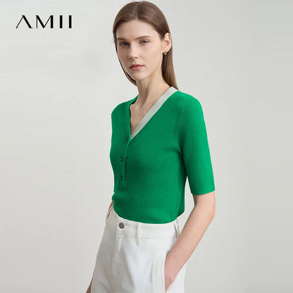 Damen-Strickpullover grün mit V-Ausschnitt und Knopfleiste, halber Ärmel
