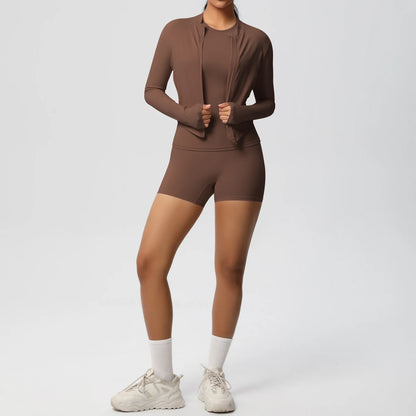 Damen Fitness-Set mit Jacke und Shorts, braun, figurbetont