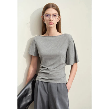 Damen T-Shirt im Minimalismus-Stil mit asymmetrischem Slash Neck und Raffen