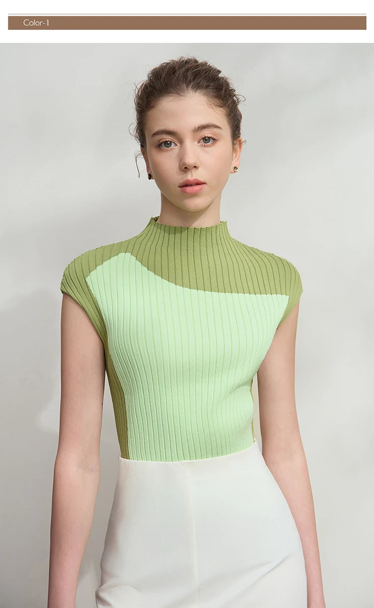 Ärmelloser Damen-Strickpullover mit hohem Rollkragen, grün gerippt