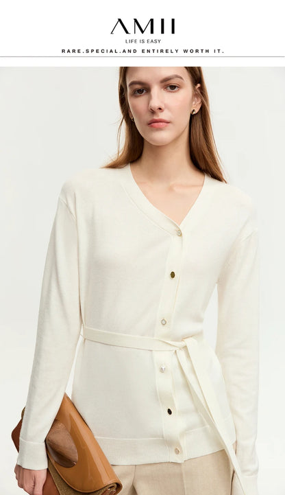 Damen-Strickjacke V-Ausschnitt chinesischer Stil Gürtel Langarm Herbst