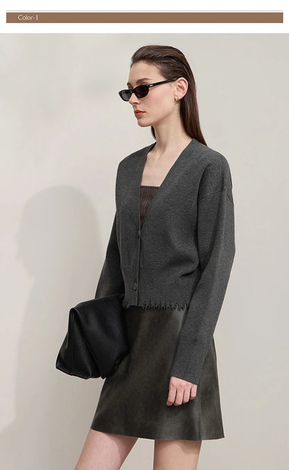 Damen-Strickjacke V-Ausschnitt kurz Quaste locker Langarm Herbst