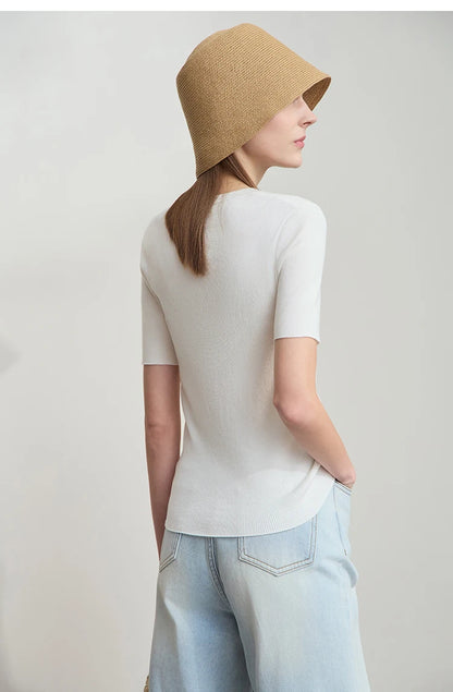 Damen-Rundhalspullover Lyocell Slim Kurzarm figurschmeichelnd Sommer