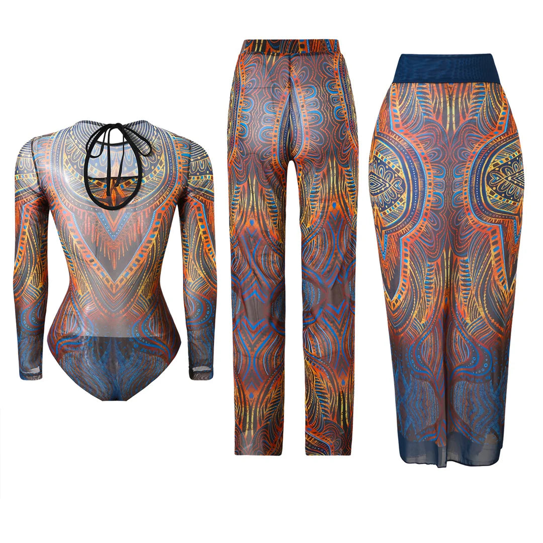 Damen-Badeanzug 3-teilig Print Langarm Sarong-Set gepolstert