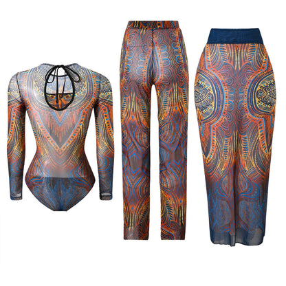 Damen-Badeanzug 3-teilig Print Langarm Sarong-Set gepolstert