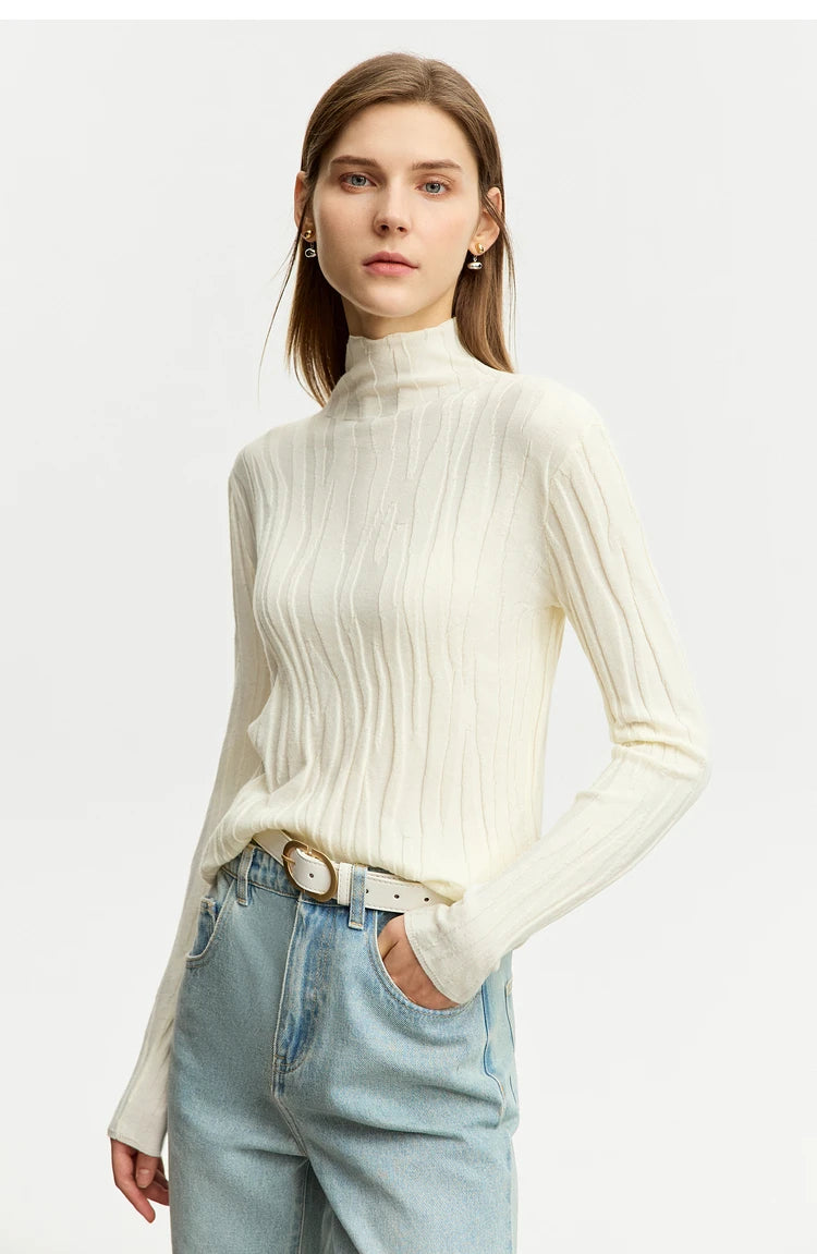 Damen-Wollpullover mit Stehkragen, weiß, gerippte Struktur, lange Ärmel