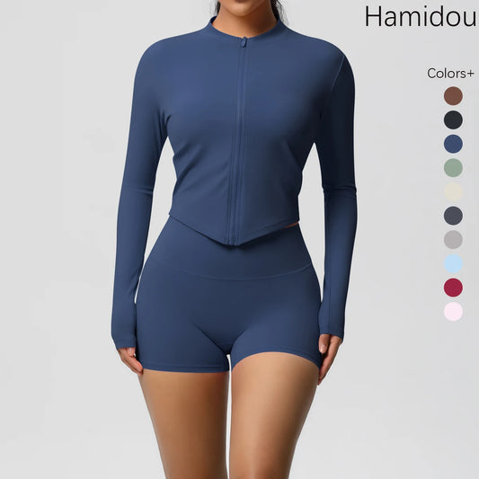 Damen-Yoga-Set in Dunkelblau: langarmige Zipjacke mit Shorts