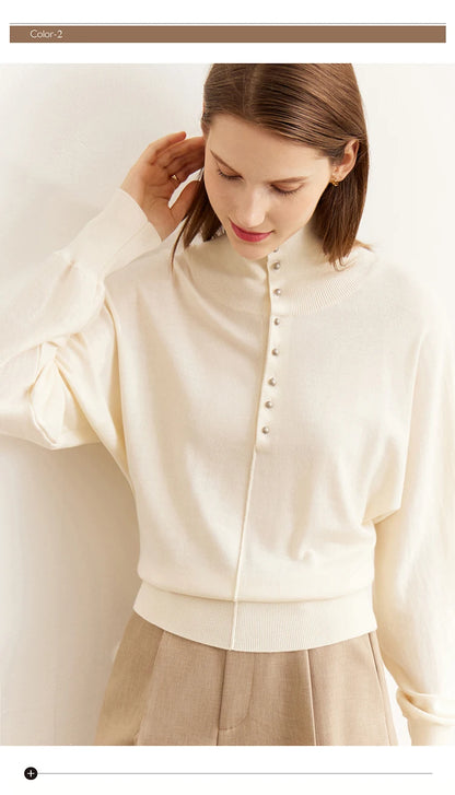 Damen-Rollkragenpullover 100 % Wolle locker Fledermausärmel Herbst