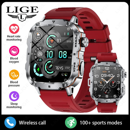 LIGE Outdoor Militär Sport Smart Uhr Männer Frauen Fitness Track Herzfrequenz Blut Sauerstoff Wasserdicht BT Anruf 1,95-Zoll Smartwatch