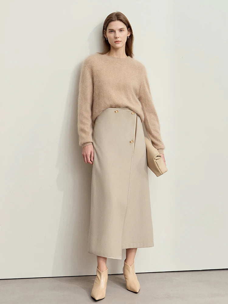 Damen-Wollrock mit hoher Taille, Knopfdetail am Bund und seitlichem Schlitz, khaki