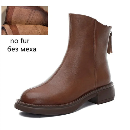 Braune Damen-Kurzstiefel mit glattem Schaft, spitzer Vorderkappe und breitem Blockabsatz