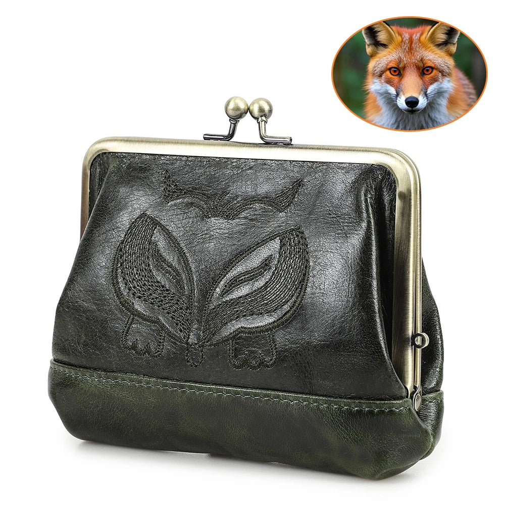 Damen Echtleder Münzbörse Vintage Fuchs Stickerei Klickverschluss Kartenfächer