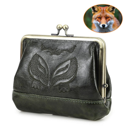 Damen Echtleder Münzbörse Vintage Fuchs Stickerei Klickverschluss Kartenfächer