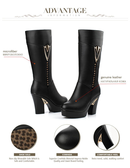AIYUQI winter women boots first layer of leather high heeled genuine leather boots Gaotong thick with long barreled boots wool