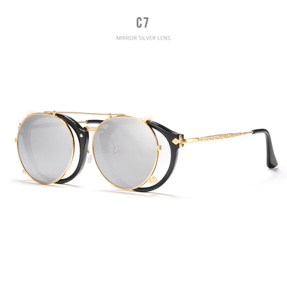 Sonnenbrille rund Steampunk Clip-On abnehmbar polarisiert Markenbox Herren