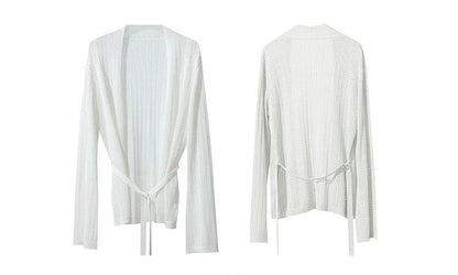 Damen-Strickjacke Lyocell V-Ausschnitt Glockenärmel Gürtel locker Frühling