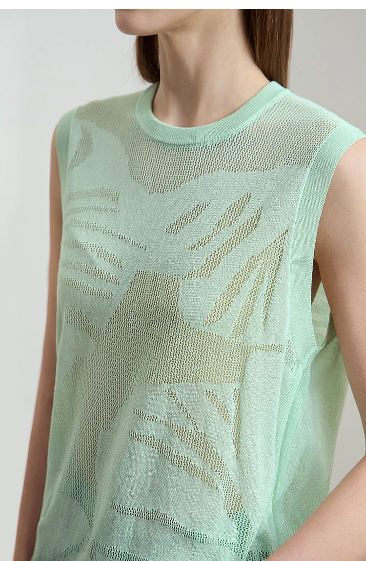 Hellgrünes Strick-Tanktop mit Rundhalsausschnitt und abstraktem Muster, ärmellos