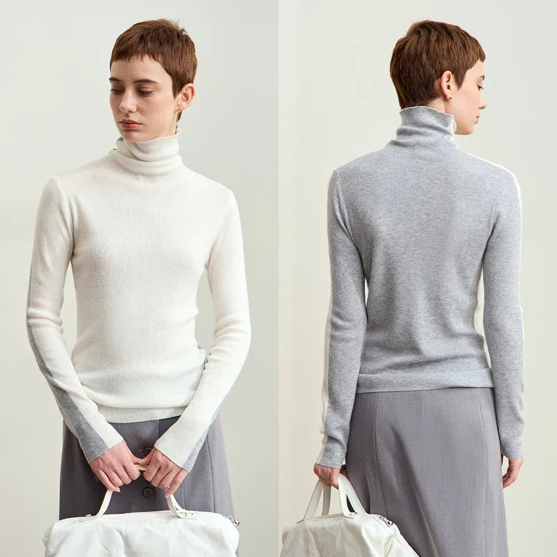 Damen-Rollkragenpullover Wolle-Mix Patchwork schlank Winter