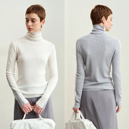 Damen-Rollkragenpullover Wolle-Mix Patchwork schlank Winter