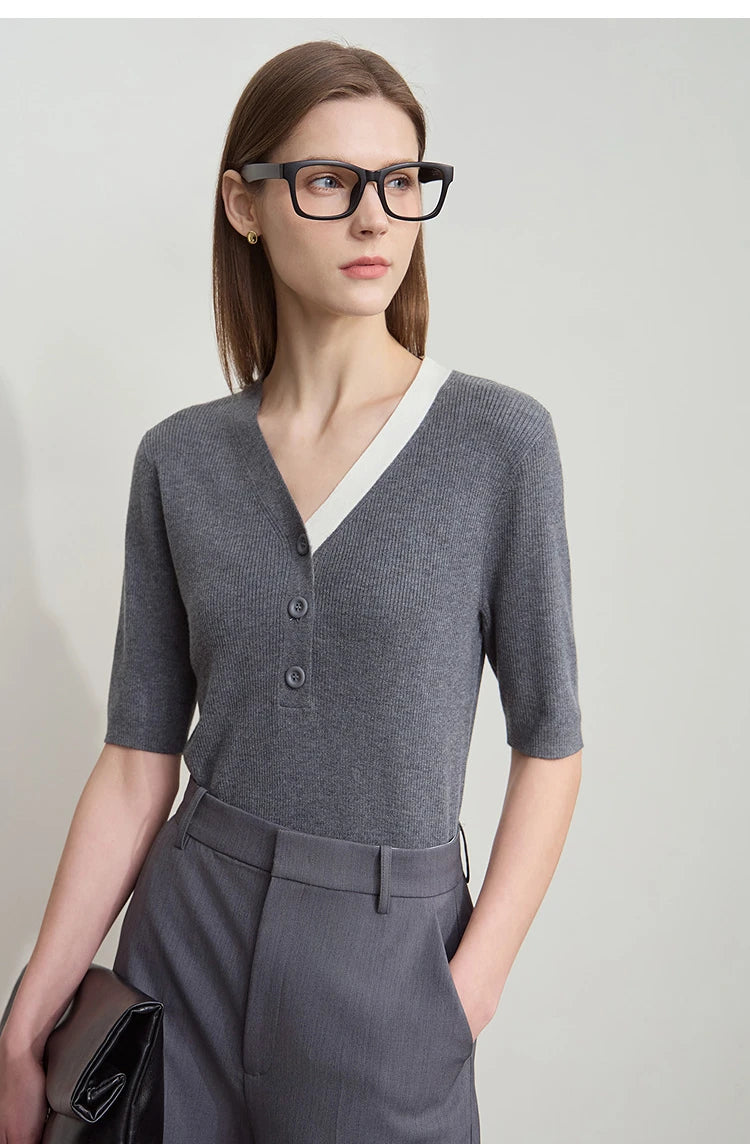 Damen-Strickpullover mit V-Ausschnitt, halbem Ärmel und Knopfleiste, graumeliert