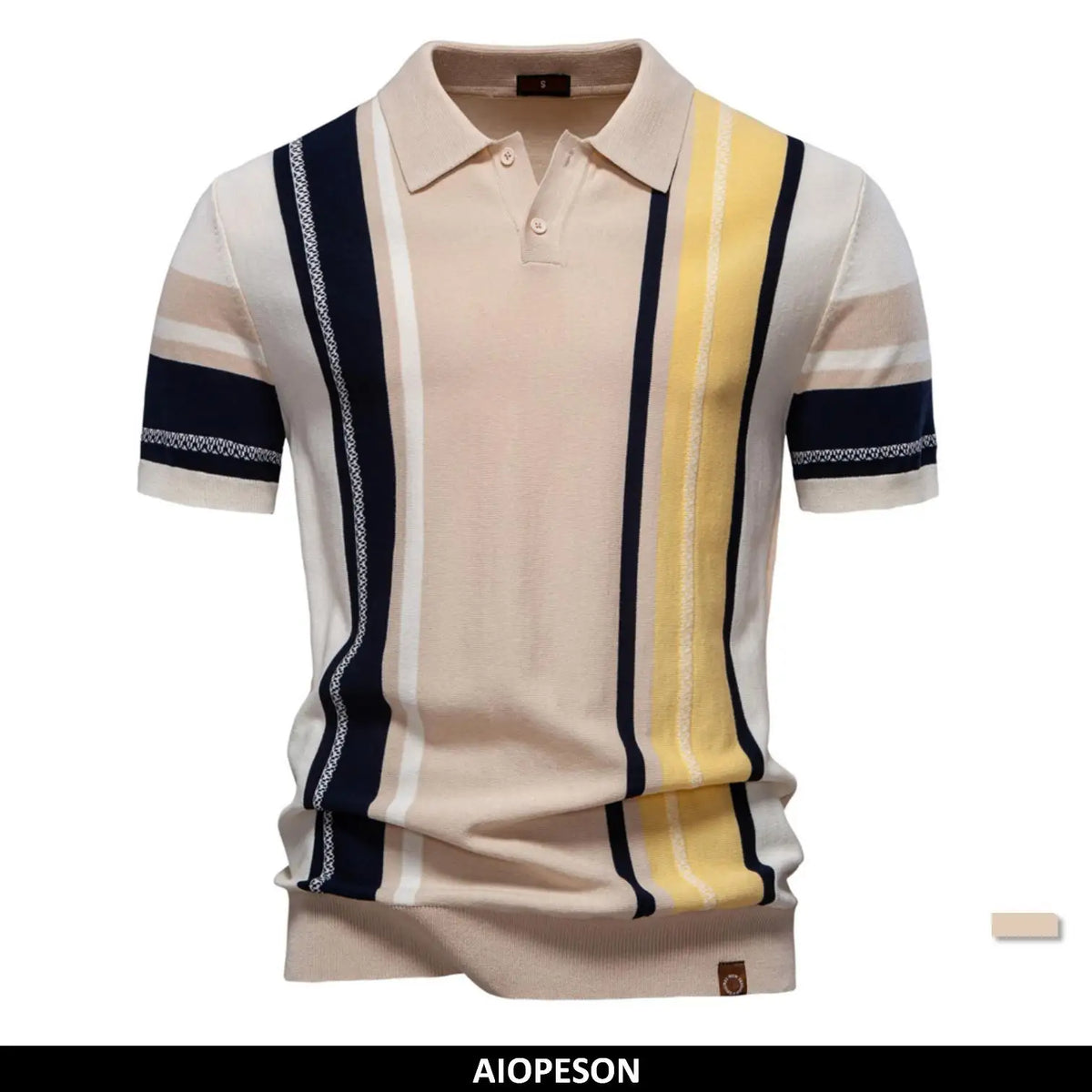 Herrenpoloshirt in Beige mit Streifen-Design in Dunkelblau und Gelb, kurzer Ärmel