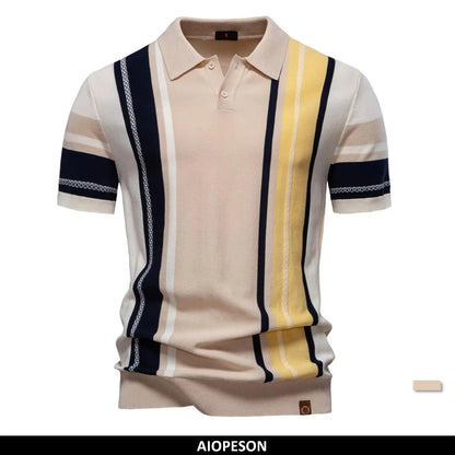 Herrenpoloshirt in Beige mit Streifen-Design in Dunkelblau und Gelb, kurzer Ärmel