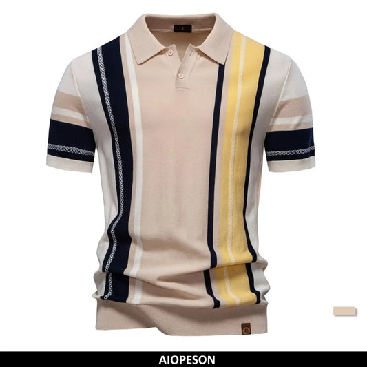 Herrenpoloshirt in Beige mit Streifen-Design in Dunkelblau und Gelb, kurzer Ärmel