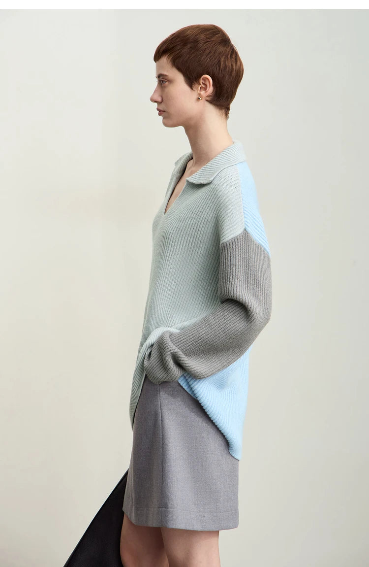 Damen V-Ausschnitt Pullover Patchwork Raglan locker Herbst-Winter