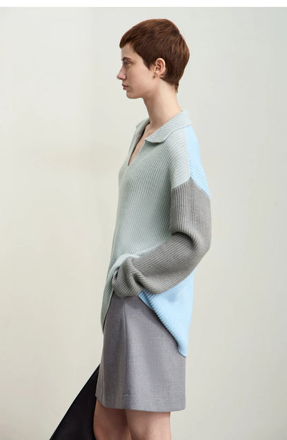 Damen V-Ausschnitt Pullover Patchwork Raglan locker Herbst-Winter