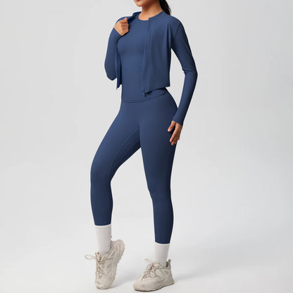 Damen Yoga-Set aus langarmem Top mit Reißverschluss und High-Waist Leggings, navyblau