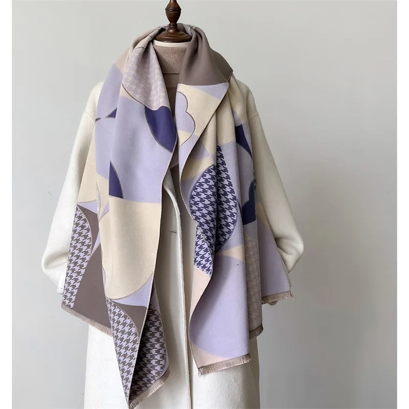 Winterschal für Damen mit Pashmina-Muster in Beige/Violett und Fransen