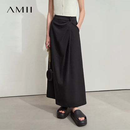 Schwarzer asymmetrischer Plisseerock, Midi, mit Wickeldetail am Bund
