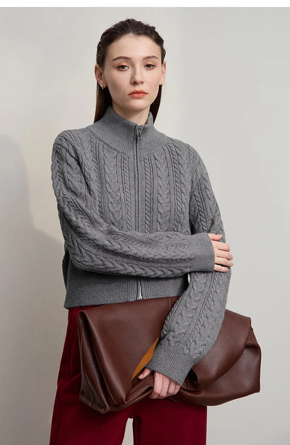 Damen-Rollkragen-Strickjacke Reißverschluss schlank Herbst
