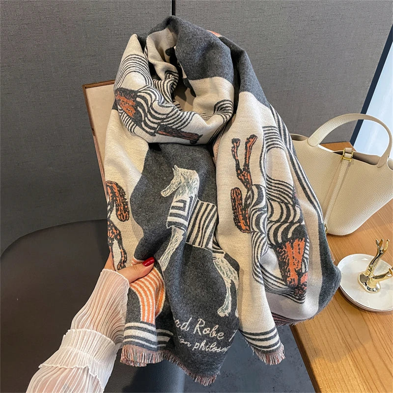 Damen Winterschal Kaschmir Pashmina Pferdprint warm dick Decke Luxus
