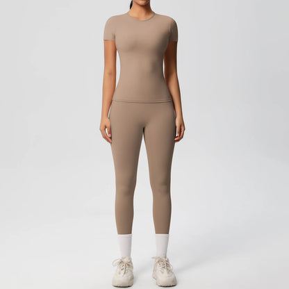 Sport-Crop-Top und Leggings im Set, taupe-braun, kurzarm, slim fit