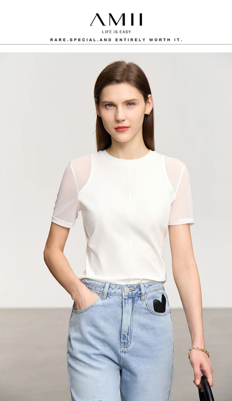 Damen T-Shirt aus mercerisierter Baumwolle mit kurzen Ärmeln im minimalistischen Stil