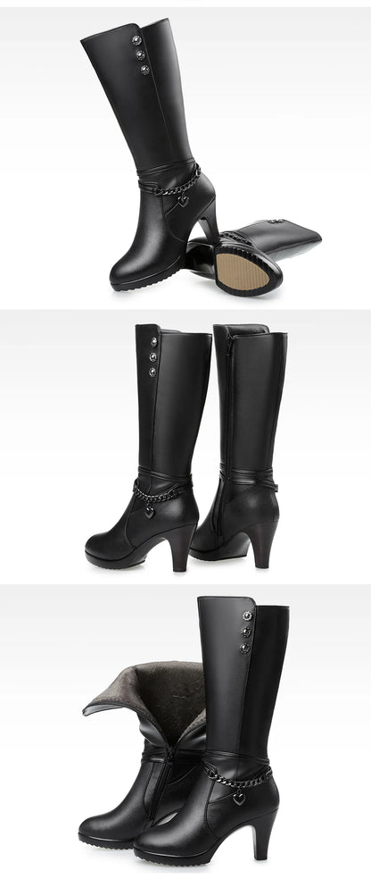 AIYUQI Female winter shoes Woman boots high-heeled Genuine Leather motorcycle boots thick wool warm winter boots riding Boot