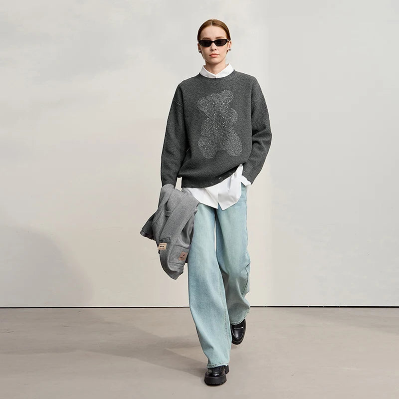 Damen-Rundhalspullover Jacquard Aushöhlung Perlenstickerei locker Winter
