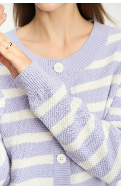 Damen-Strickjacke Baumwolle-Wolle Streifen Kontrastfarben locker Herbst