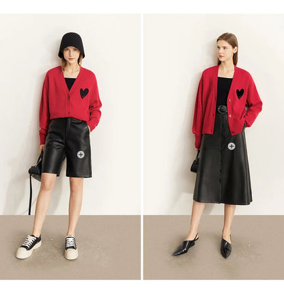 Damen-Strickjacke V-Ausschnitt Wollstickerei locker romantisch Winter