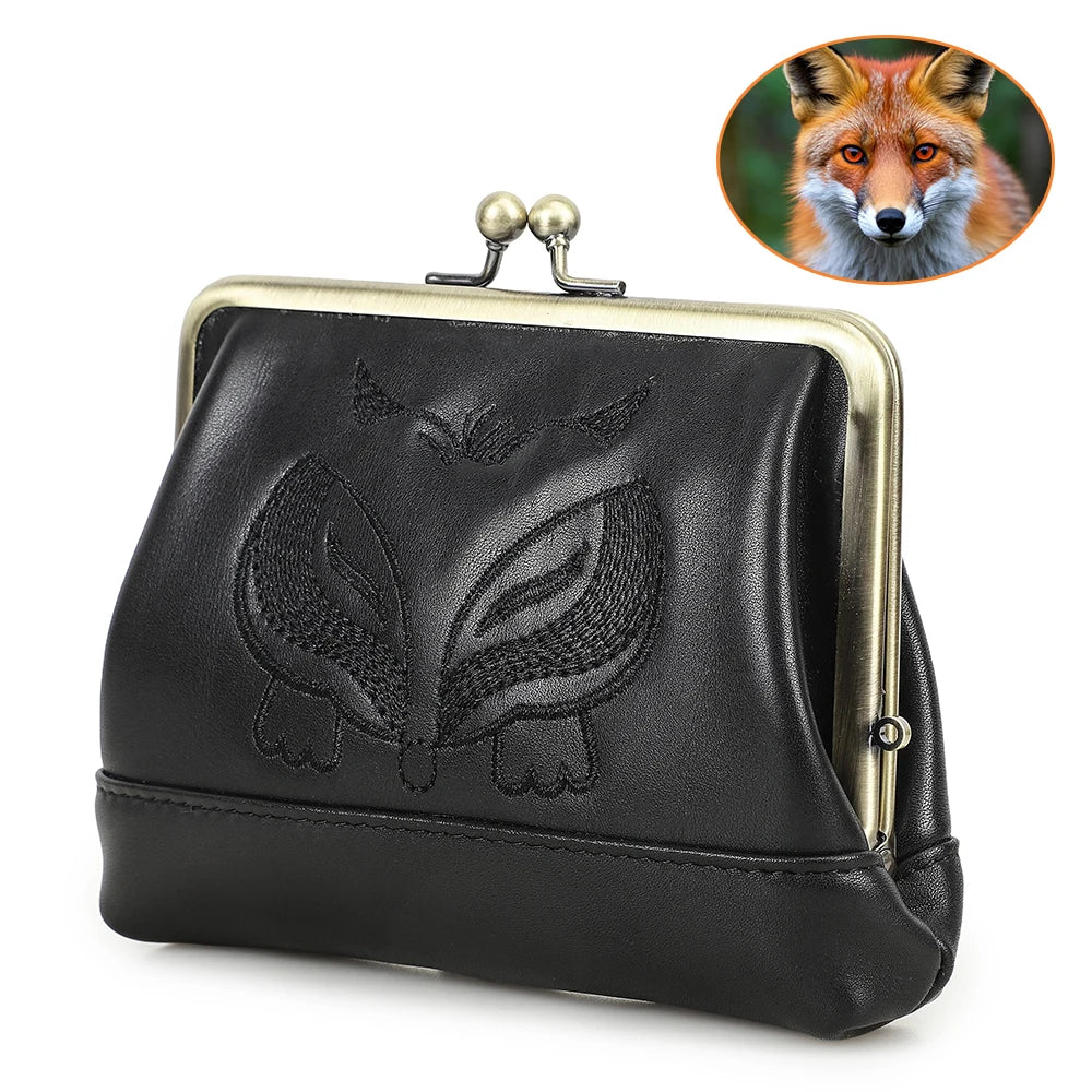 Damen Echtleder Münzbörse Vintage Fuchs Stickerei Klickverschluss Kartenfächer