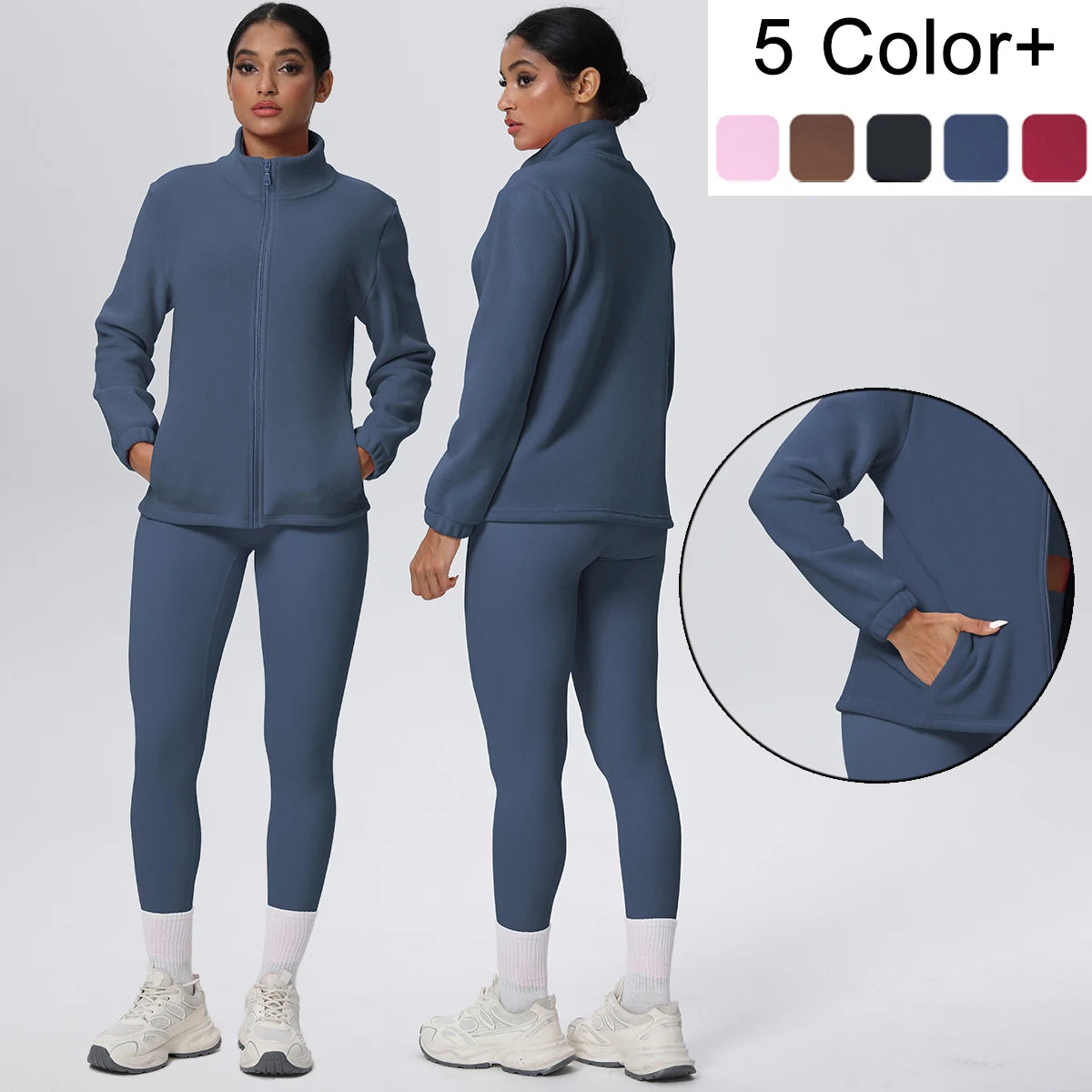 Damen Yoga-Set: dunkelblaue Zip-Jacke und Leggings mit weißen Bündchen am Beinabschluss