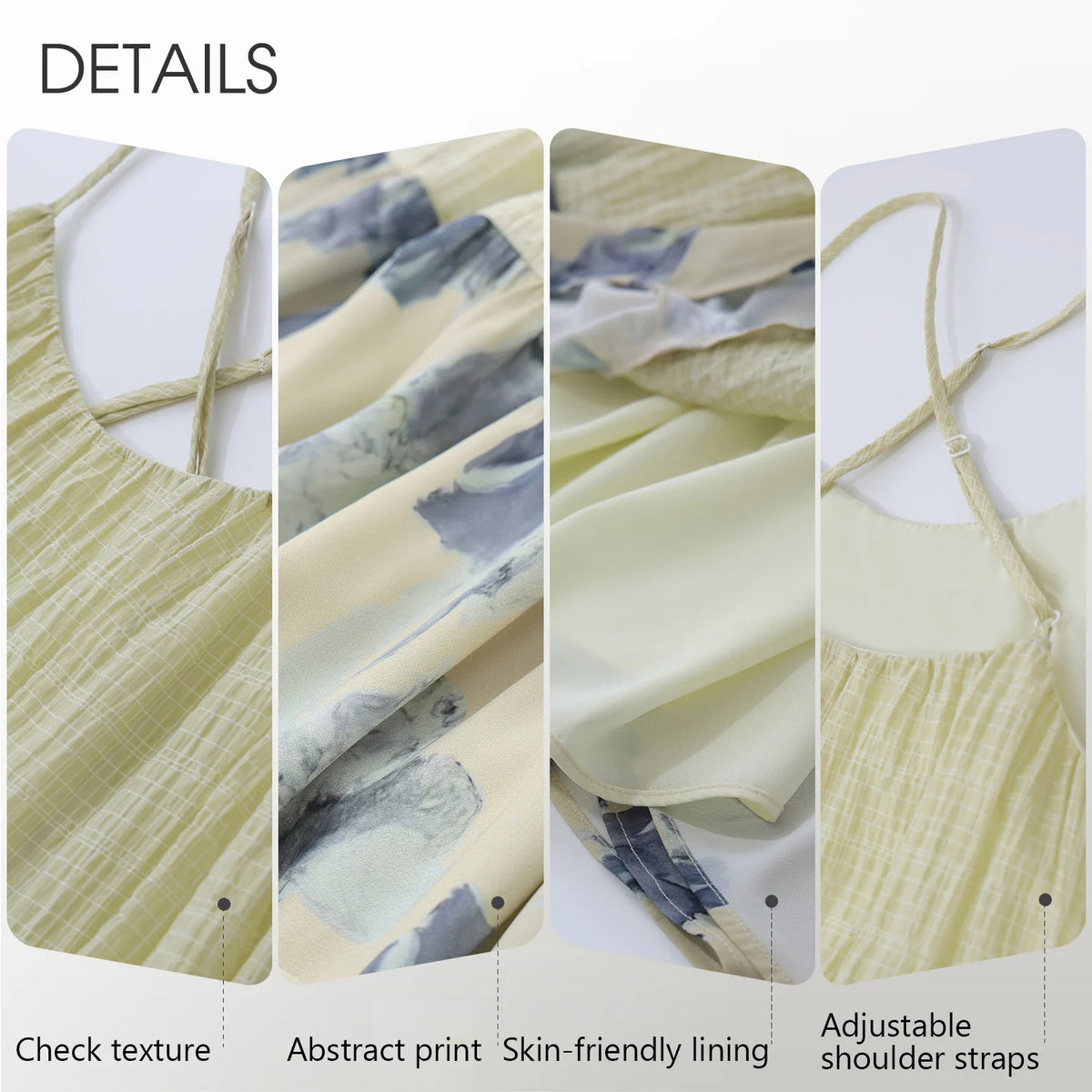 Kleid-Details: verstellbare Schulterträger, abstrakter Print, weiches Futter