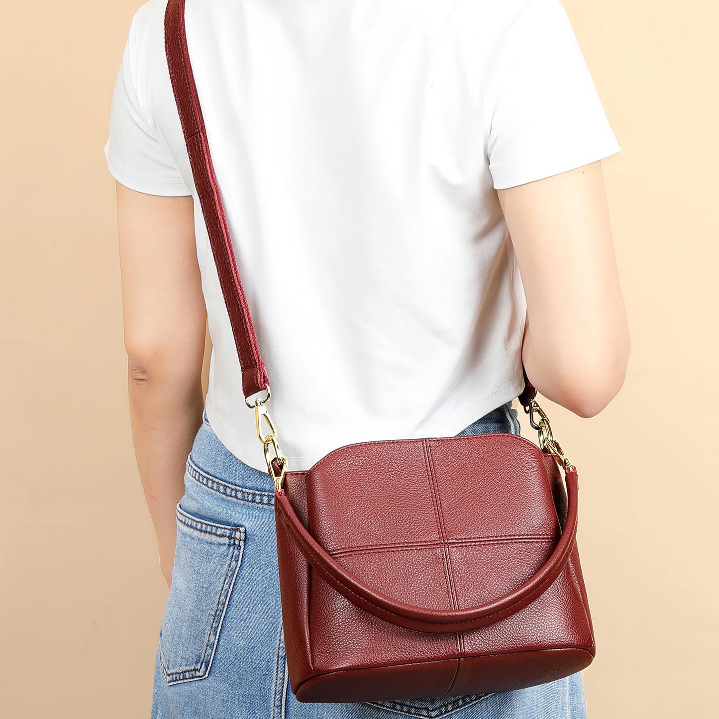 Damen-Schultertasche aus Leder Vintage Schwarz Großes Fassungsvermögen Crossbody-Tasche