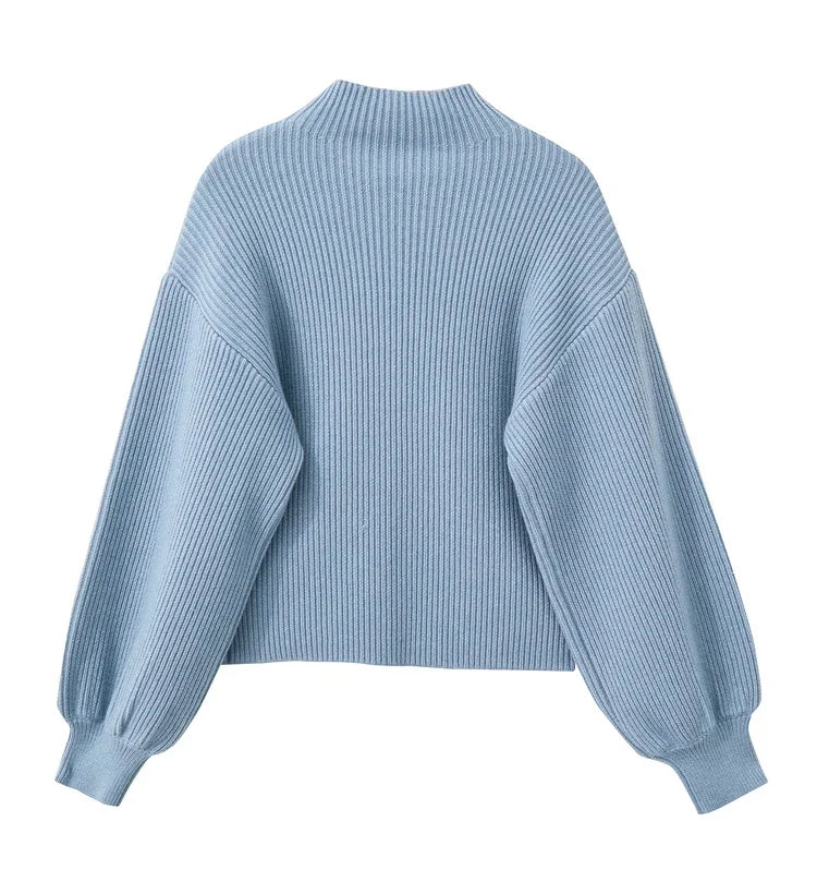 Damen-Wollpullover mit Stehkragen und Laternenärmeln, hellblau, hintenansicht