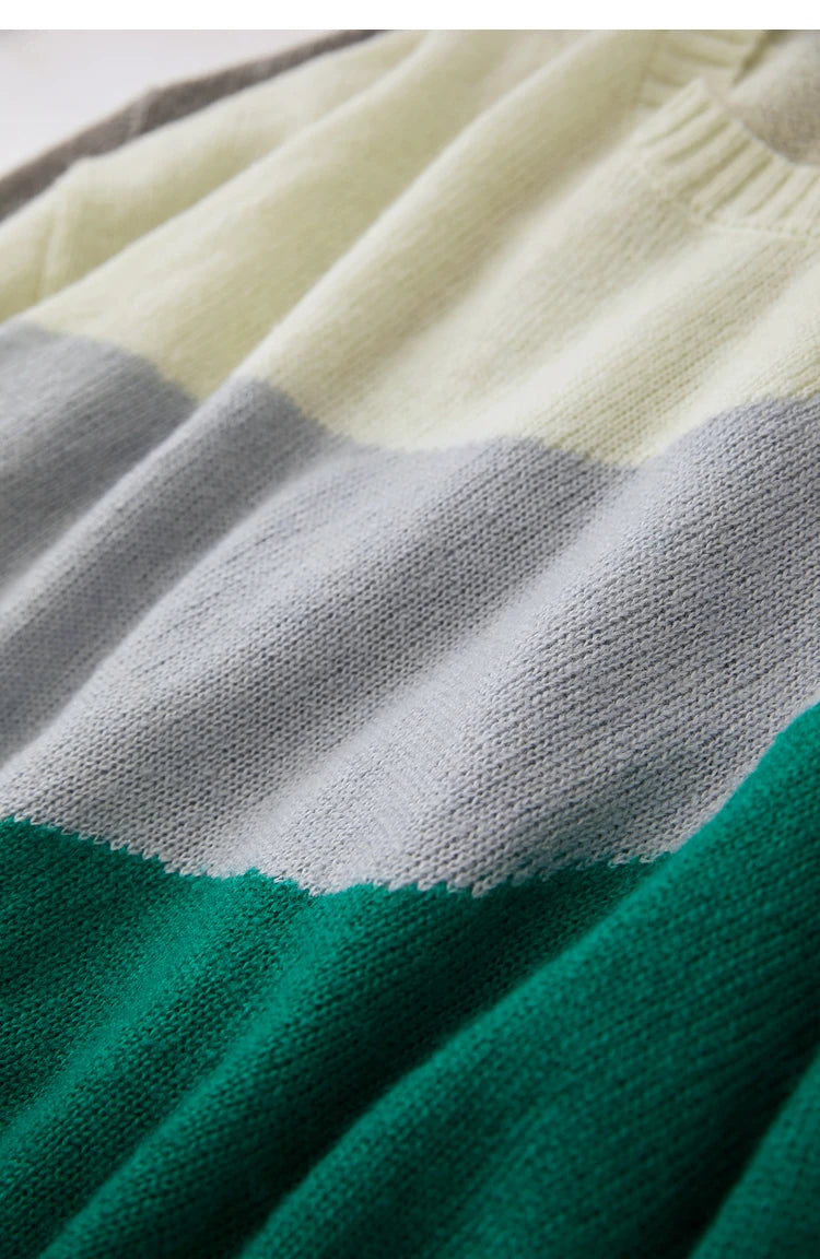 Strickpullover-Detail am Saum: Rippenbündchen, Colour-Block teal und grau