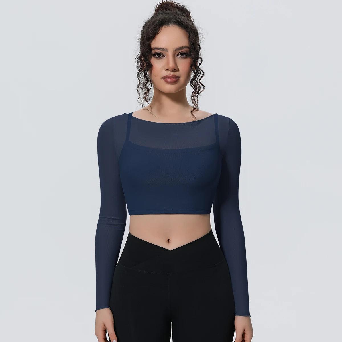 Damen Langarm-Yoga-Shirt dunkelblau, figurbetontes Crop-Top mit Mesh-Einsätzen am Oberteil
