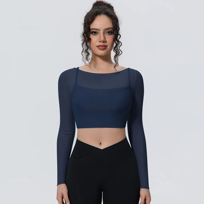 Damen Langarm-Yoga-Shirt dunkelblau, figurbetontes Crop-Top mit Mesh-Einsätzen am Oberteil