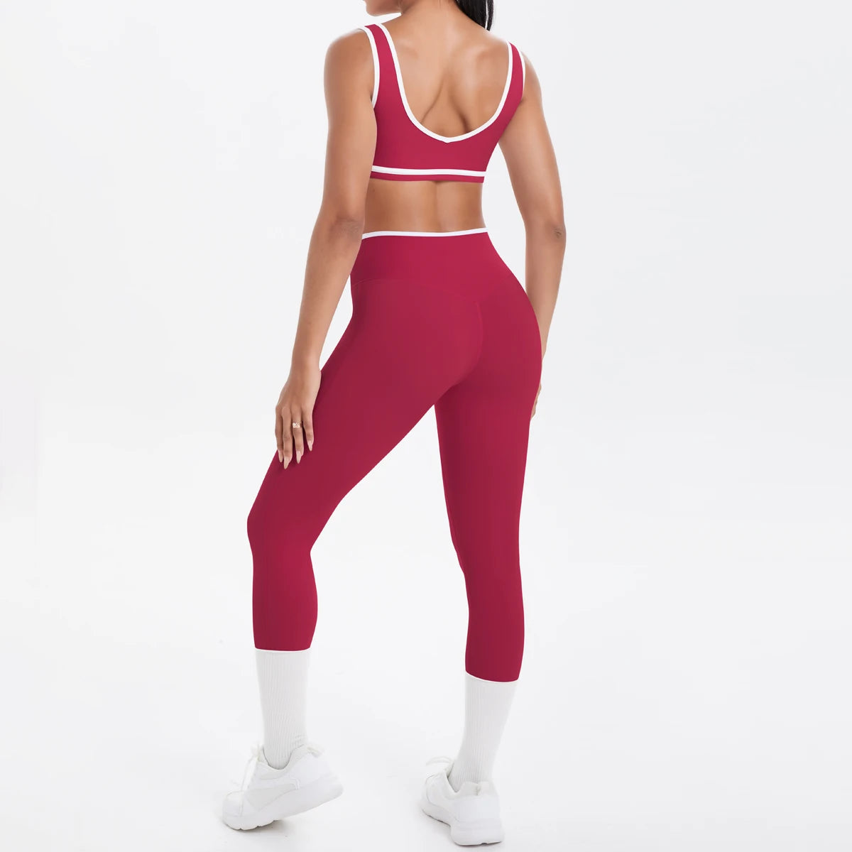 Dunkelrotes Damen-Yoga-Set mit Push-up-BH und 3/4-Leggings, Rückansicht