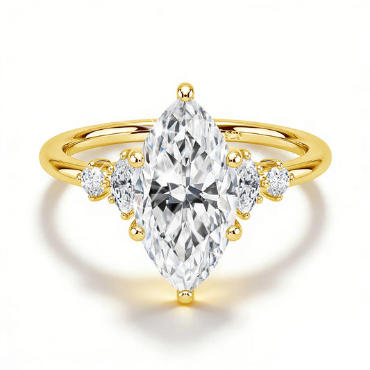 Damen-Verlobungsring aus Silber 925 mit fünf Moissanite im Marquise-Schliff, 18k Goldplattiert